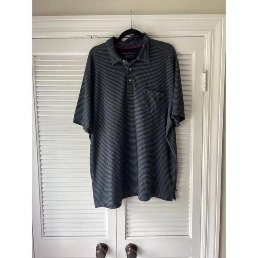 Tommy Bahama Mens‎ Polo Shirt XXL Short Sleeve Gray Black Striped Split Hem